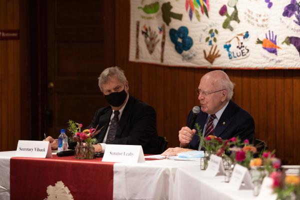 U.S. Secretary of Agriculture Vilsack and Vermont Senator Patrick Leahy at press conference in the Coach Barn