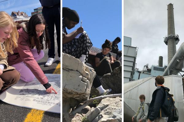 Students in Burlington City and Lake learn on city sidewalk, lakefront beach, and at power plant.