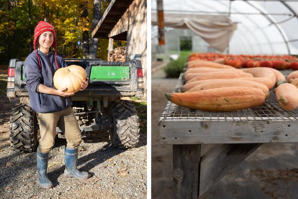 Market Gardener Rachel Kessler shows off a model Long Island Cheese pumpkin; North Georgia Candy Roaster squashes cured in the greenhouse.