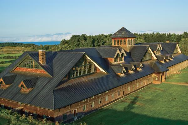 Aerial photo of historic breeding barn at Shelburne Farms