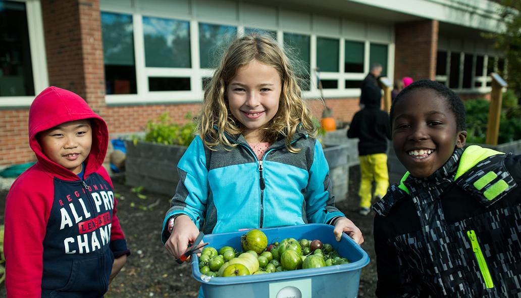 Three young students smile at camera while standing in a school garden. The student in the middle holds a bucket of harvested green tomatoes.
