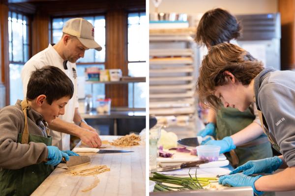 Chef John Patterson make noodles from scratch with a student. Students precisely cut vegetables as garnish for ramen.