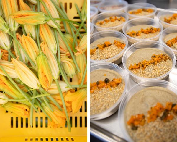 Squash blossom harvest at the Market Garden, baba ganoush being packaged in the Inn Kitchen.