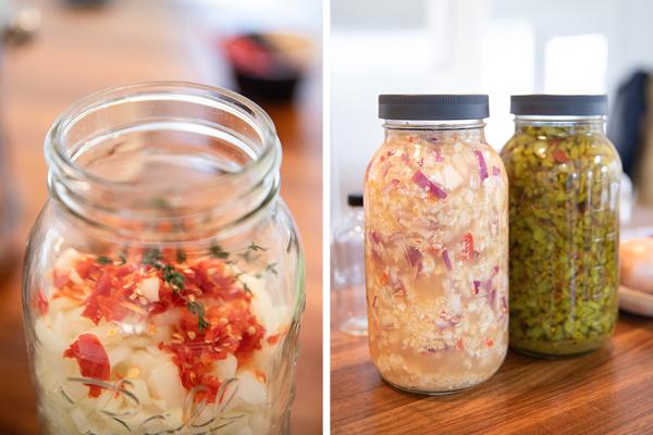 The ingredients before and immediately after the vinegar was poured to cover. The jar on the far right has been steeping much longer.